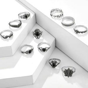 Personality Geometric Black Gemstone Stackable Rings 11pcs/Set Hand Ornament
